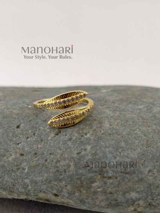Meher golden leaf ring with elegant gold plated leaf inspired adjustable design