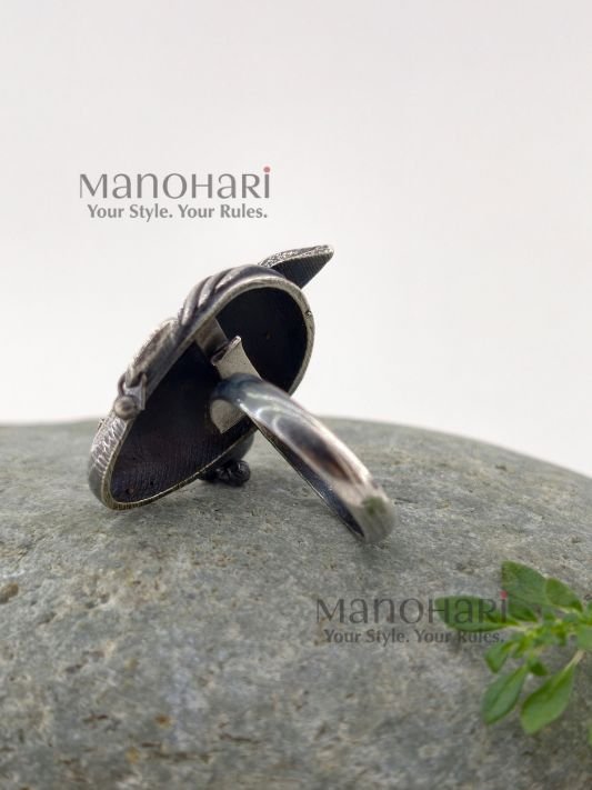 Meher oxidised bloom ring with intricate floral inspired silver detailing