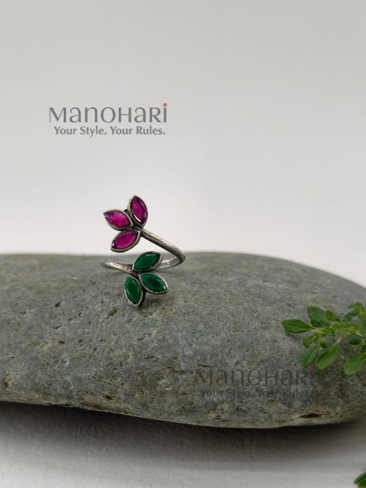 MN-RG-REBR-RUH-01_1 Ruhani emerald bloom ring with vibrant red and green floral stone detailing