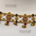 **Aditi Antique Heritage Choker Set crafted from premium brass metal with a luxurious High Gold Polished finish, featuring an elegant antique-inspired choker design adorned with artificial fibre and glass stones for women.**