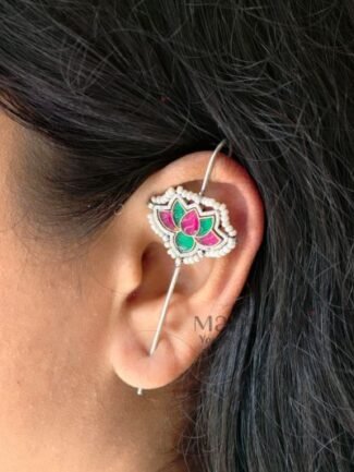 **Padmika Lotus Meenakari Ear Cuff crafted from premium brass with an elegant silver-plated finish, featuring a traditional lotus-inspired Meenakari design for timeless ethnic elegance.**