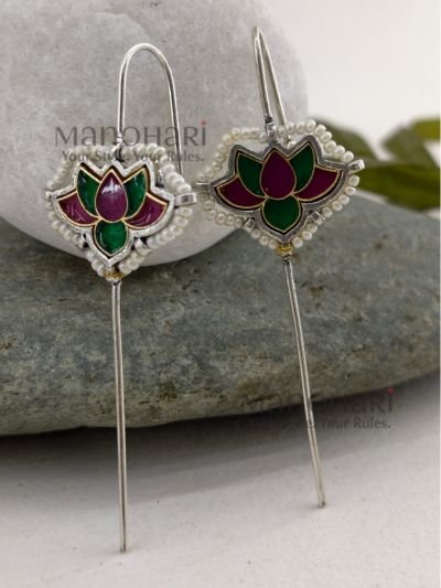 **Padmika Lotus Meenakari Ear Cuff crafted from premium brass with an elegant silver-plated finish, featuring a traditional lotus-inspired Meenakari design for timeless ethnic elegance.**