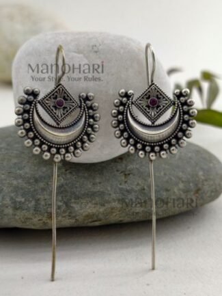 **Noor Moon Grace Ear Cuff crafted from premium brass with an elegant Silver Replica finish, featuring a crescent moon-inspired design for a stylish ethnic and boho look.**