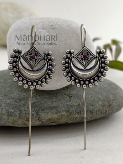 **Noor Moon Grace Ear Cuff crafted from premium brass with an elegant Silver Replica finish, featuring a crescent moon-inspired design for a stylish ethnic and boho look.**