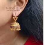 **Rajnidhi Lotus Heritage Jhumka crafted from premium brass with a luxurious Rajwadi polish, featuring an elegant lotus-inspired design adorned with artificial stones for women.**