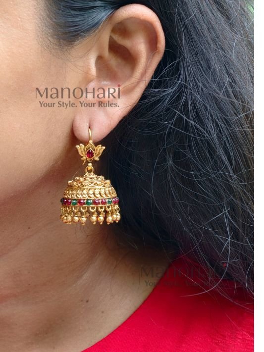 MN-ER-ANT-MAC-02_1 **Rajnidhi Lotus Heritage Jhumka crafted from premium brass with a luxurious Rajwadi polish, featuring an elegant lotus-inspired design adorned with artificial stones for women.**