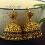 **Rajnidhi Lotus Heritage Jhumka crafted from premium brass with a luxurious Rajwadi polish, featuring an elegant lotus-inspired design adorned with artificial stones for women.**