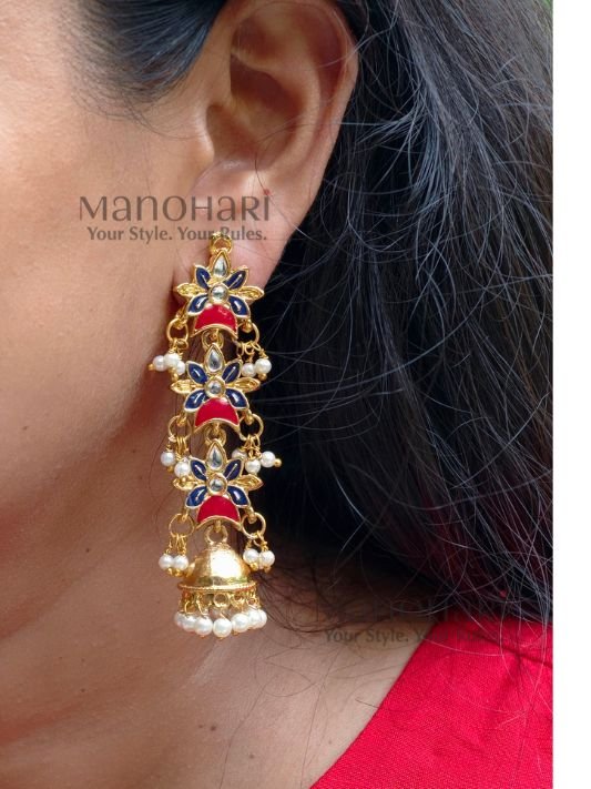 MN-ER-ANT-RAH-01_1 **Rajeshwari Antique Heritage Jhumka crafted from premium copper, brass, and metal alloy with a radiant High Gold Polish, featuring an elegant heritage-inspired long jhumka design adorned with artificial stones for women.**