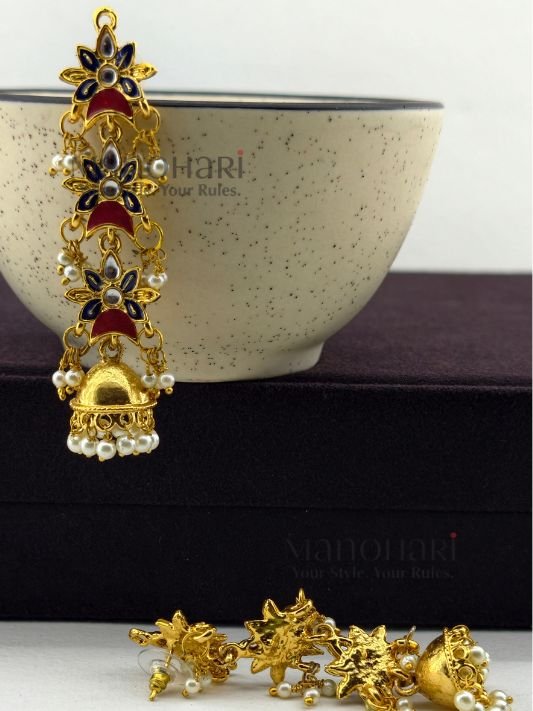 MN-ER-ANT-RAH-01_4 **Rajeshwari Antique Heritage Jhumka crafted from premium copper, brass, and metal alloy with a radiant High Gold Polish, featuring an elegant heritage-inspired long jhumka design adorned with artificial stones for women.**