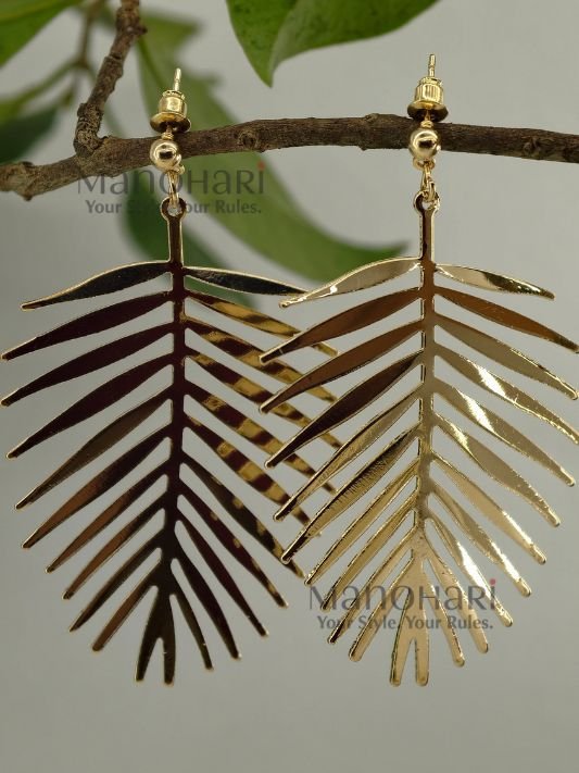 MN-ER-BHO-EPL-01_3 **Elara Palm Leaf Earrings crafted from premium stainless steel, featuring an elegant tropical palm leaf design with a lightweight statement silhouette for women.**