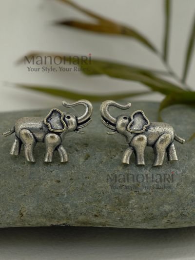 **Gajika Elephant Charm Stud Earrings crafted from premium brass with an elegant silver-plated finish, featuring an intricate elephant motif inspired by Indian heritage for timeless ethnic elegance.**