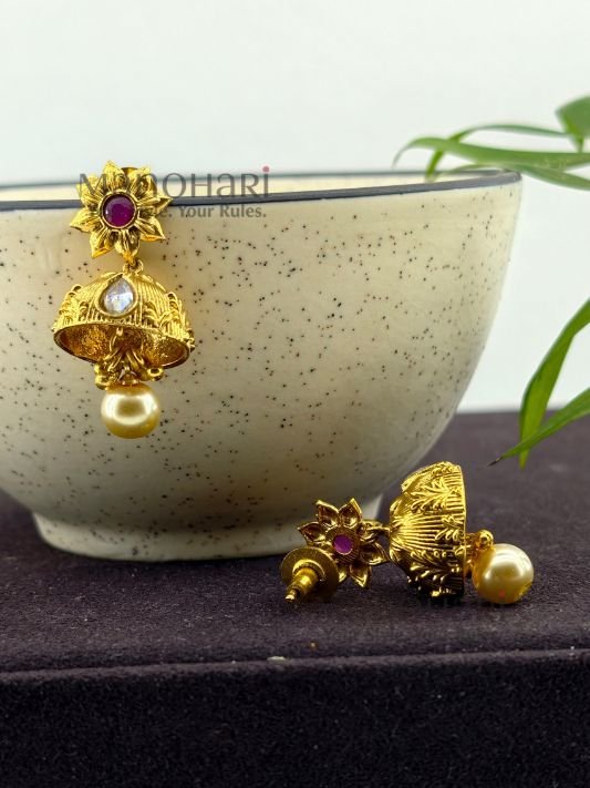 MN-ER-HRT-ARH-01_2 **Aarohi Round Heritage Jhumki crafted with an elegant traditional round design, featuring intricate heritage-inspired craftsmanship and a graceful 4 cm silhouette for women.**