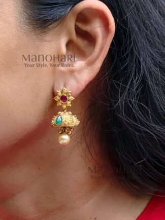 **Aarohi Round Heritage Jhumki crafted with an elegant traditional round design, featuring intricate heritage-inspired craftsmanship and a graceful 4 cm silhouette for women.**