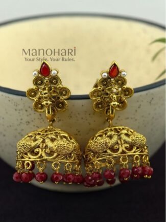 **Mayurika Peacock Heritage Jhumki crafted from premium copper, brass, and metal alloy with a luxurious High Gold, Matte Gold, Silver, or Mehendi Polish finish, featuring an intricately engraved peacock design adorned with artificial stones for women.**
