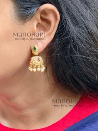 Paavni Paan Heritage Earrings crafted from premium copper, brass, and metal alloy with a high gold plated finish, featuring a traditional Paan-inspired design and elegant dome-shaped jhumka for women.