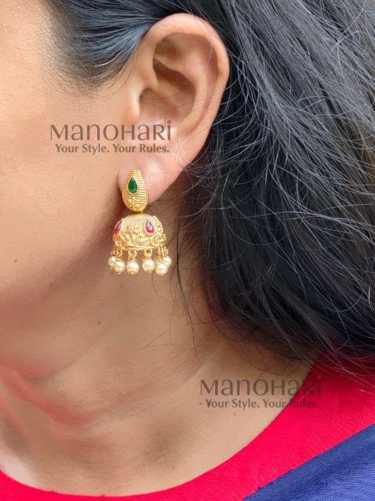 MN-ER-HRT-PPH-01_1 Paavni Paan Heritage Earrings crafted from premium copper, brass, and metal alloy with a high gold plated finish, featuring a traditional Paan-inspired design and elegant dome-shaped jhumka for women.