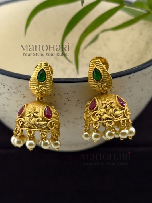 MN-ER-HRT-PPH-01_2 **Paavni Paan Heritage Earrings crafted from premium copper, brass, and metal alloy with a high gold plated finish, featuring a traditional Paan-inspired design and elegant dome-shaped jhumka for women.**