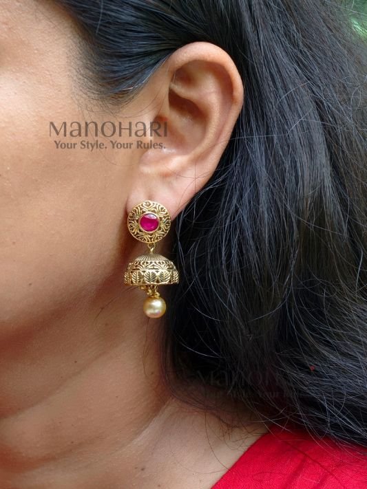 **Vritika Heritage Jhumki Earrings crafted from premium copper and brass metal alloy with a luxurious High Gold or Silver Plated finish, featuring elegant traditional jhumki design adorned with artificial stones for women.**
