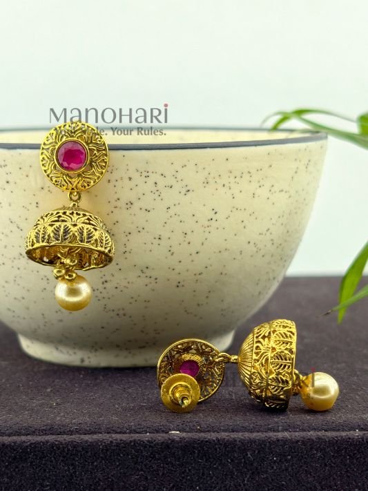 **Vritika Heritage Jhumki Earrings crafted from premium copper and brass metal alloy with a luxurious High Gold or Silver Plated finish, featuring elegant traditional jhumki design adorned with artificial stones for women.**