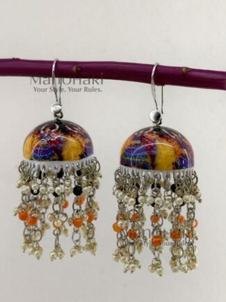 **Rangmaya Meenakari Artisan Jhumkas featuring intricate hand-painted Meenakari artwork, elegant bead embellishments, and a graceful 8 cm statement design, handcrafted for timeless ethnic elegance and festive charm.**
