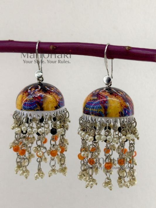 **Rangmaya Meenakari Artisan Jhumkas featuring intricate hand-painted Meenakari artwork, elegant bead embellishments, and a graceful 8 cm statement design, handcrafted for timeless ethnic elegance and festive charm.**