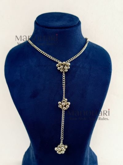 **Nupurika Ghungroo Heritage Necklace crafted from premium oxidised alloy with an antique finish, featuring delicate ghungroo bell detailing on a 38 cm single-strand chain with a secure lobster clasp for timeless ethnic elegance.**