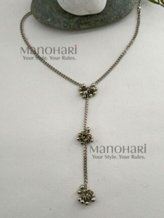 **Nupurika Ghungroo Heritage Necklace crafted from premium oxidised alloy with an antique finish, featuring delicate ghungroo bell detailing on a 38 cm single-strand chain with a secure lobster clasp for timeless ethnic elegance.**