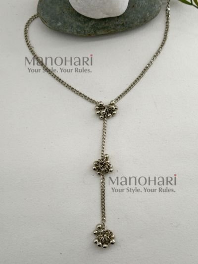 **Nupurika Ghungroo Heritage Necklace crafted from premium oxidised alloy with an antique finish, featuring delicate ghungroo bell detailing on a 38 cm single-strand chain with a secure lobster clasp for timeless ethnic elegance.**