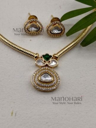 **Zarina Kundan Heritage Necklace Set crafted from premium brass with a radiant high gold polished finish, featuring a traditional Kundan-inspired pendant and matching earrings for women.**