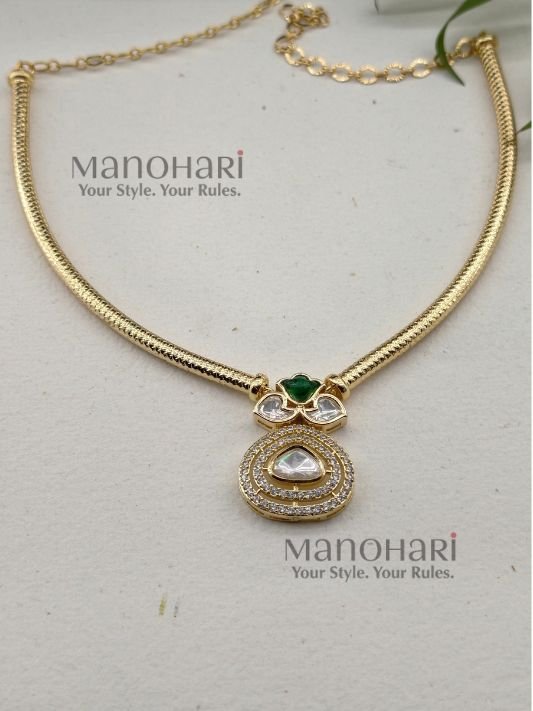 MN-NS-KDN-ZKH-01_4 **Zarina Kundan Heritage Necklace Set crafted from premium brass with a radiant high gold polished finish, featuring a traditional Kundan-inspired pendant and matching earrings for women.**