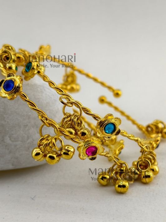 **Zariya Kashmiri Ghungroo Bangles featuring a radiant gold-plated finish, sparkling artificial stones, and a traditional Kashmiri-inspired ghungroo design with an adjustable fit and 6 cm inner diameter, perfect for festive and ethnic wear.**
