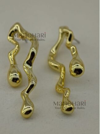 **Elara Abstract Wave Earrings crafted from premium brass with a luxurious gold-tone finish, featuring a modern asymmetrical wavy silhouette and elegant 5.5 cm statement drop design for a contemporary, sophisticated look.**