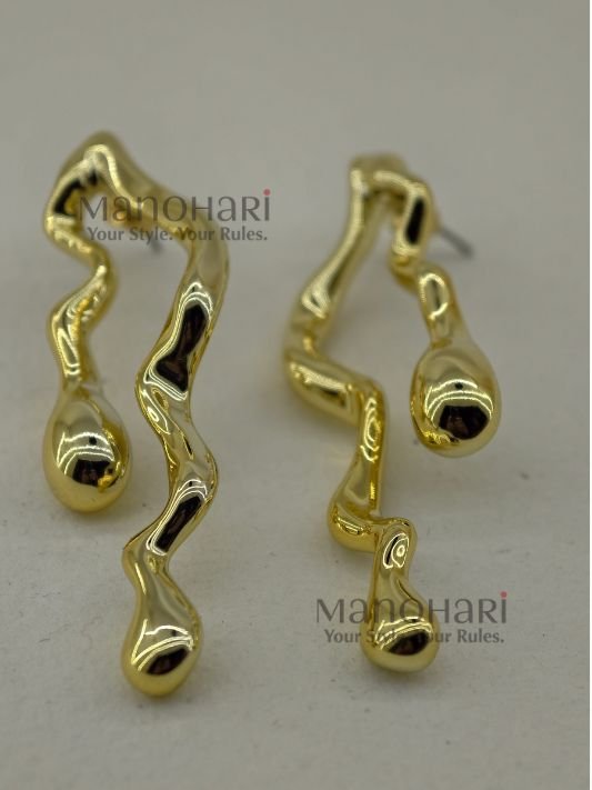 MN-ER-ABS-EAW-01_1 **Elara Abstract Wave Earrings crafted from premium brass with a luxurious gold-tone finish, featuring a modern asymmetrical wavy silhouette and elegant 5.5 cm statement drop design for a contemporary, sophisticated look.**