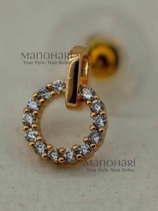 MN-ER-CZE-ELA-01_1 Elara CZ Elegance hoop earrings with Bali-inspired dome and drop design, sparkling cubic zirconia crystals and rose gold finish for women