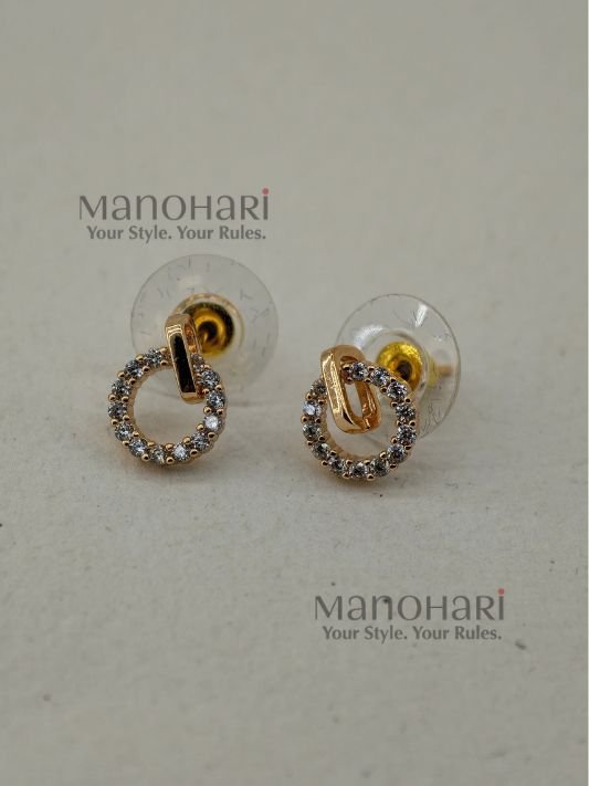 MN-ER-CZE-ELA-01_2 Elara CZ Elegance hoop earrings with Bali-inspired dome and drop design, sparkling cubic zirconia crystals and rose gold finish for women