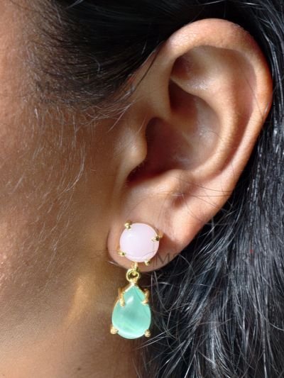 Vanya 2.8 cm gold dangler earrings with premium cut stone detailing for women