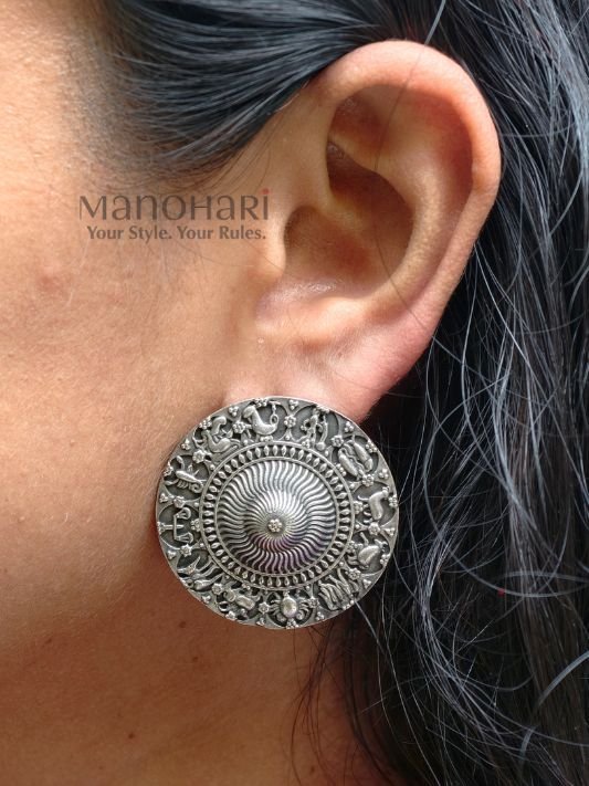Anvika Classic Elegance 3.5 cm round oxidised earrings with traditional ethnic design for women