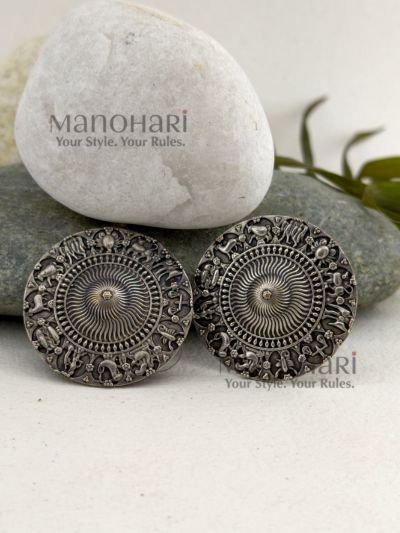 Anvika Classic Elegance 3.5 cm round oxidised earrings with traditional ethnic design for women