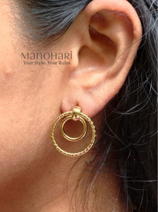 MN-ER-HOP-HAY-01_2 Haya Spiral Hoop Earrings with two twisted gold spiral hoops and one plain loop in an anti-tarnish finish