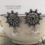 Aarika Pearl Glow 3.5 cm oxidised stud earrings with pearl and stone detailing for women and girls