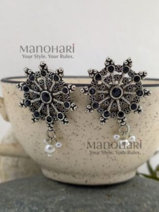 Aarika Pearl Glow 3.5 cm oxidised stud earrings with pearl and stone detailing for women and girls