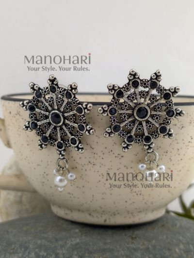 Aarika Pearl Glow 3.5 cm oxidised stud earrings with pearl and stone detailing for women and girls