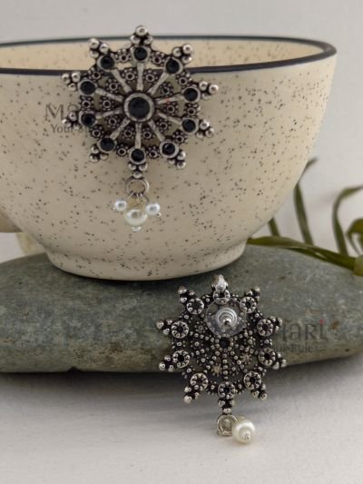 Aarika Pearl Glow 3.5 cm oxidised stud earrings with pearl and stone detailing for women and girls