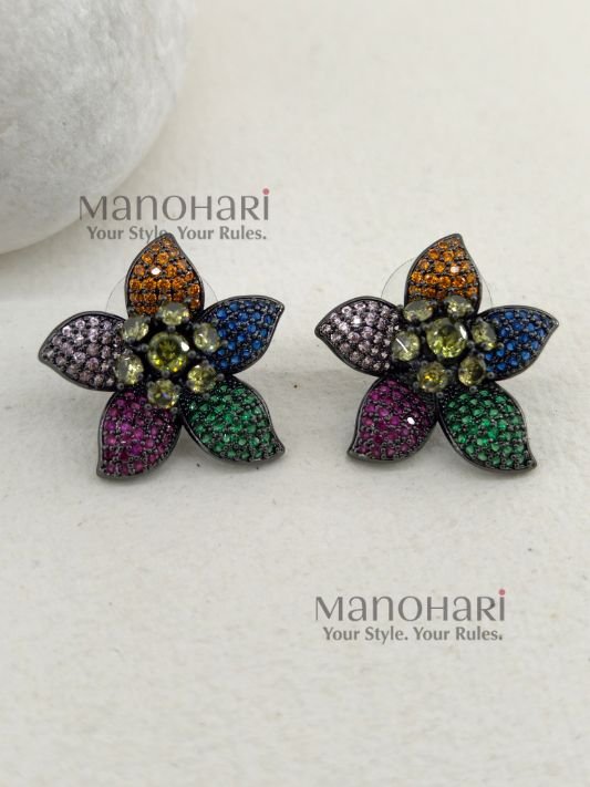 MN-ER-RBS-ELA-01_2 Elara Rainbow Bloom multicolor AD stud earrings with artificial colorful stones, black rhodium polished brass base and 3 cm floral design for women
