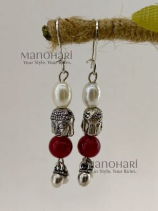 Aira Ruby Pearl Serenity oxidised earrings with red and white pearl-inspired detailing and approximately 5 cm length for women