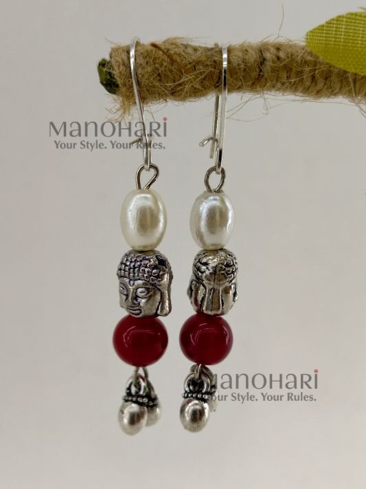 Aira Ruby Pearl Serenity oxidised earrings with red and white pearl-inspired detailing and approximately 5 cm length for women