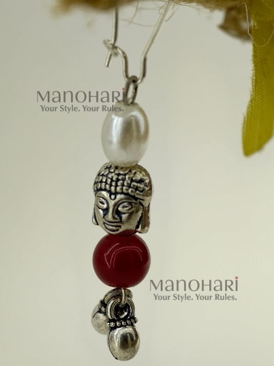 Aira Ruby Pearl Serenity oxidised earrings with red and white pearl-inspired detailing and approximately 5 cm length for women