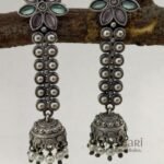 Elara Silver Grace oxidised brass jhumka earrings with traditional silver-look finish, 6 cm length and 10 g weight per earring for women