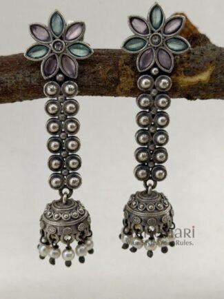 Elara Silver Grace oxidised brass jhumka earrings with traditional silver-look finish, 6 cm length and 10 g weight per earring for women