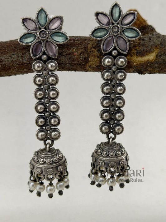 Elara Silver Grace oxidised brass jhumka earrings with traditional silver-look finish, 6 cm length and 10 g weight per earring for women